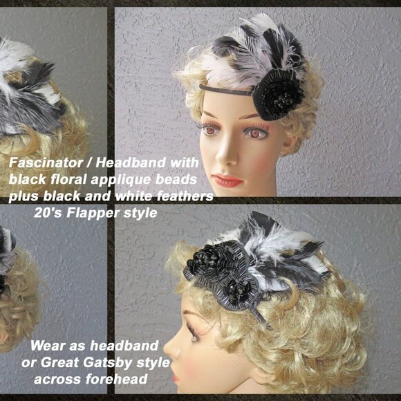 Fascinator / Headband, Black beads + black & white feathers on narrow black band - Picture 11 of 14